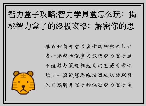 智力盒子攻略;智力学具盒怎么玩：揭秘智力盒子的终极攻略：解密你的思维迷宫